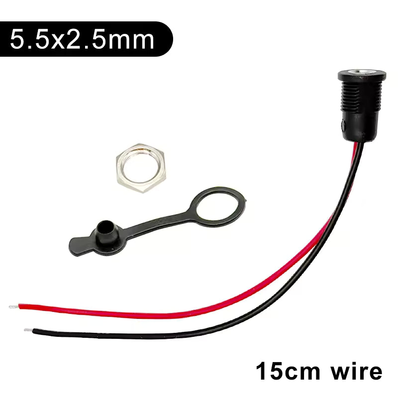 Panel Mount DC Barrel Socket Charge Port w/ 15cm Wire & Waterproof Cap