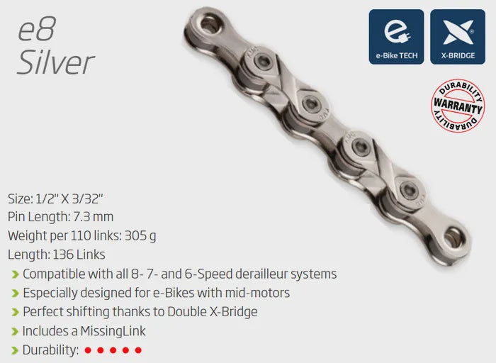 KMC E8 - 6-8 Speed 136L Silver w/ Connect Link