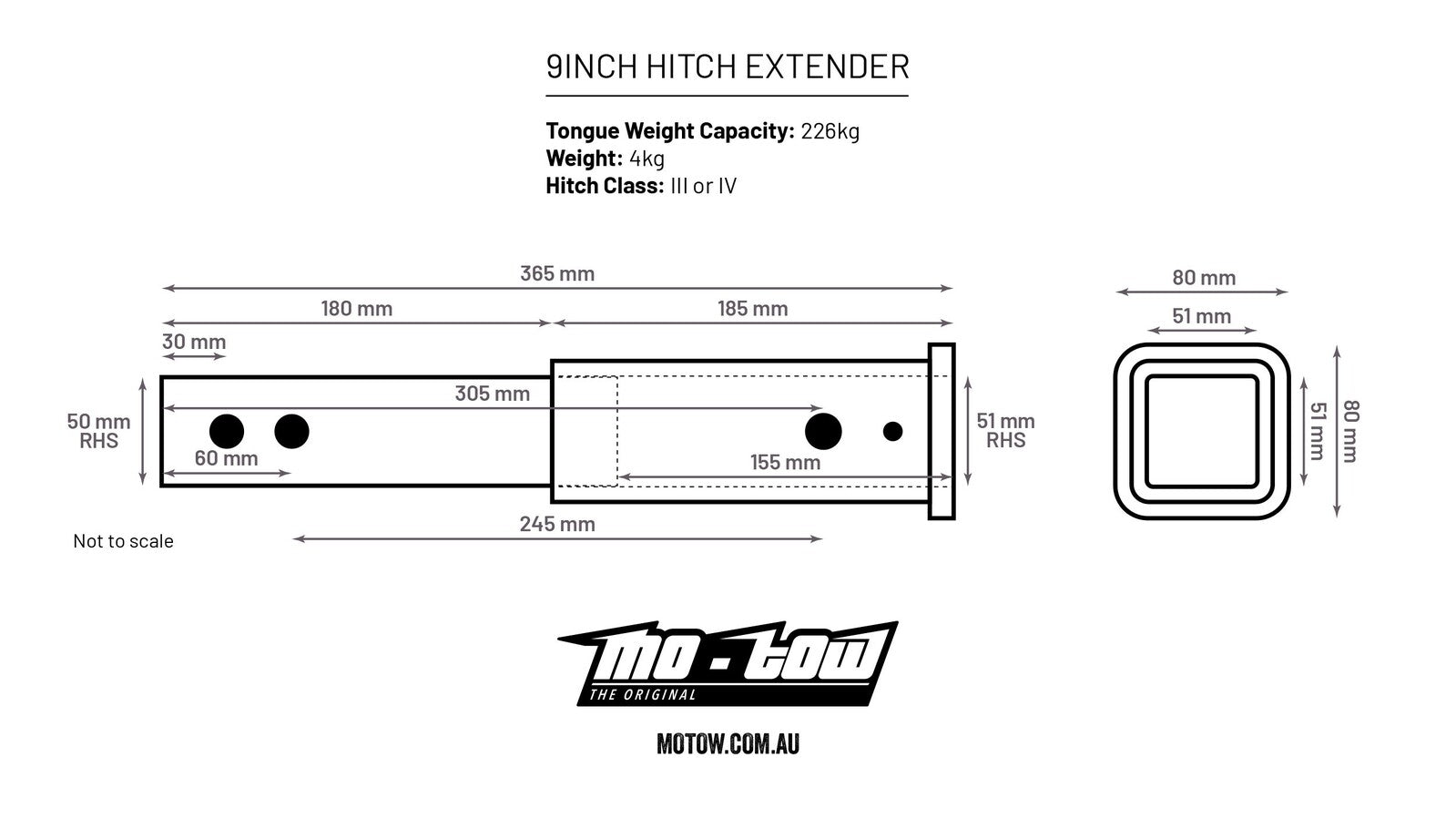 Mo-Tow Hitch Extender 9 Inch (228mm) Fits 50 x 50 Hitch Receiver