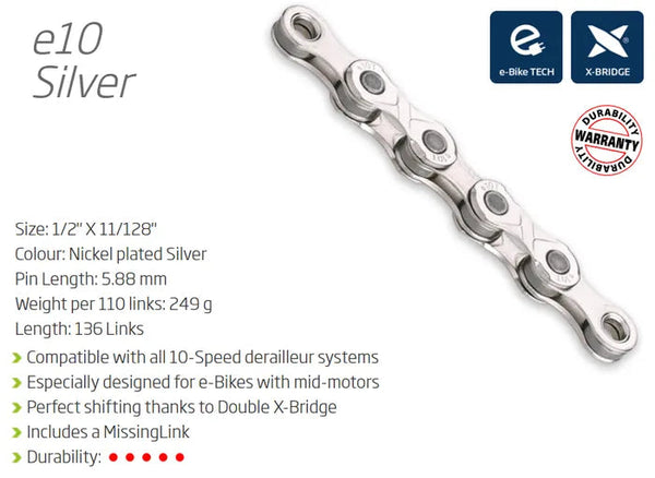 KMC E10 10 Speed eBike Chain - 136L Silver - High Pin Power for eBike Torque CHAINS Melbourne Powered Electric Bikes 