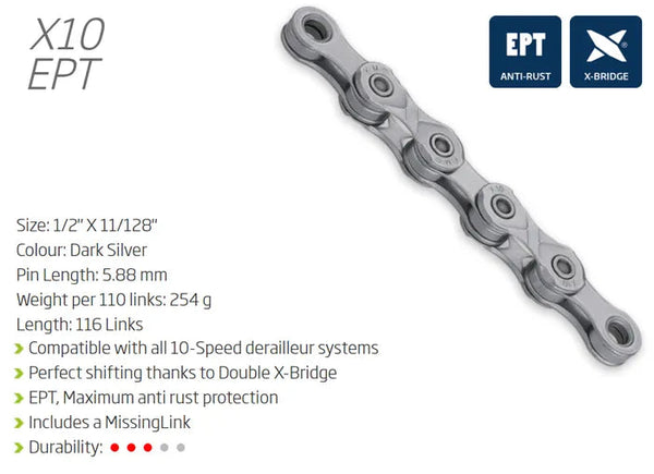 KMC X10 EPT 10 Speed Chain - 116L Silver/ Black - High Pin Power for eBike Torque CHAINS Melbourne Powered Electric Bikes 